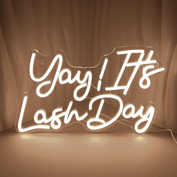 JEDAEMEN Yay It's Lash Day Neon Signs for Wall Decor Warm White LED Sign | Lash Neon Lights Led Light for Girls Beauty Makeup Room Decor Light Up Sign for Party Lash Salon Decoration USB Powered