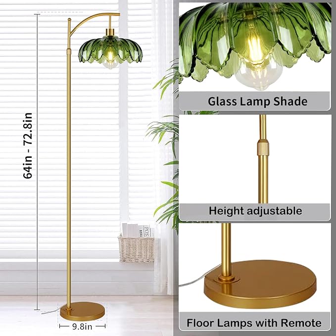 AHDWDW Gold Floor Lamp for Living Room Bedroom with Remote,Unique Vintage Standing Tall Lamp,Mid Century Modern Floor Lamps with Dimmable Bulb,Arc Green Glass Floor Lamps for Office Corner