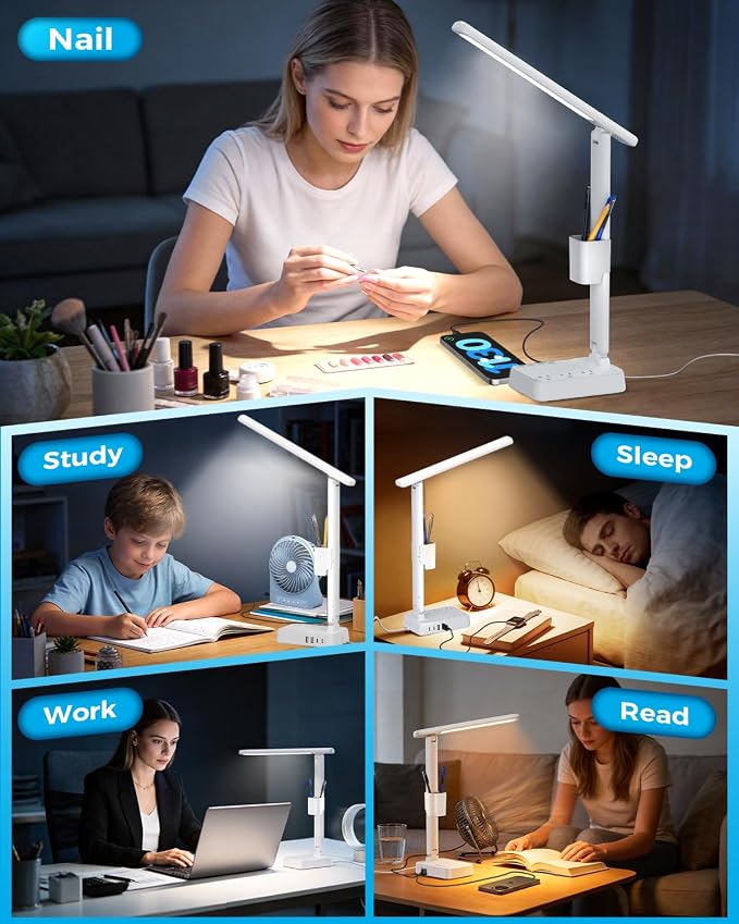 LED Desk Lamp with Power Strip, 3 AC Outlets, 4 USB Ports, Stepless Dimming | 2800K-6500K Color, 2 USB-C, Foldable Design, Timer & Memory, Study, Home Office & College Dorm, 10FT Cord