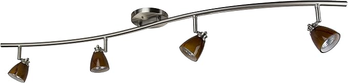 4 Light Adjustable Track Light, Brushed Steel Finish, Amber Glass Shade, Ready to Install, Bulb Included, D268-44C-BS-AMS