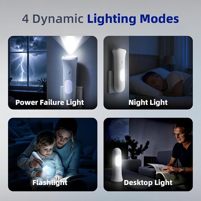 ROSSEX 4 in 1 Emergency Power Failure Lights for Home, 9 Pcs Rechargeable LED Flashlight, Automatic Turn-On Power Outage Light Plug in Wall for Snow Storm Weatheready, White