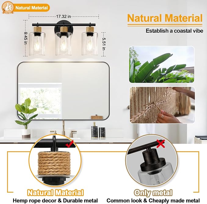 MOKATNG Bathroom Light Fixtures, 3-Light Farmhouse Vanity Lights with Hemp Rope, Black Bathroom Wall Lamp for Mirror Kitchen Hallway Cabinet