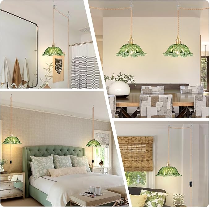 Plug in Pendant Light Fixtures,Hanging Light Fixture Corded On/Off Switch,10.6in E26 Green Glass Lampshade Pendant Lighting for Kitchen Island, Bedroom, Dining Room