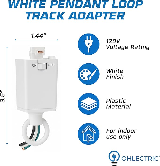 OHLECTRIC Pendant Loop Track Adapter, White (2-Pack) – 120V – Supports Indoor Dry Locations – Durable Plastic Construction with cETLus Listing