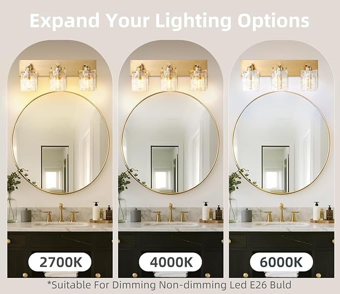 3 Lights Brushed Gold Crystal Bathroom Vanity Light,Modern Bathroom Wall Light,Crystal Over Mirror Light Fixtures for Living Room, Bedroom, Hallway