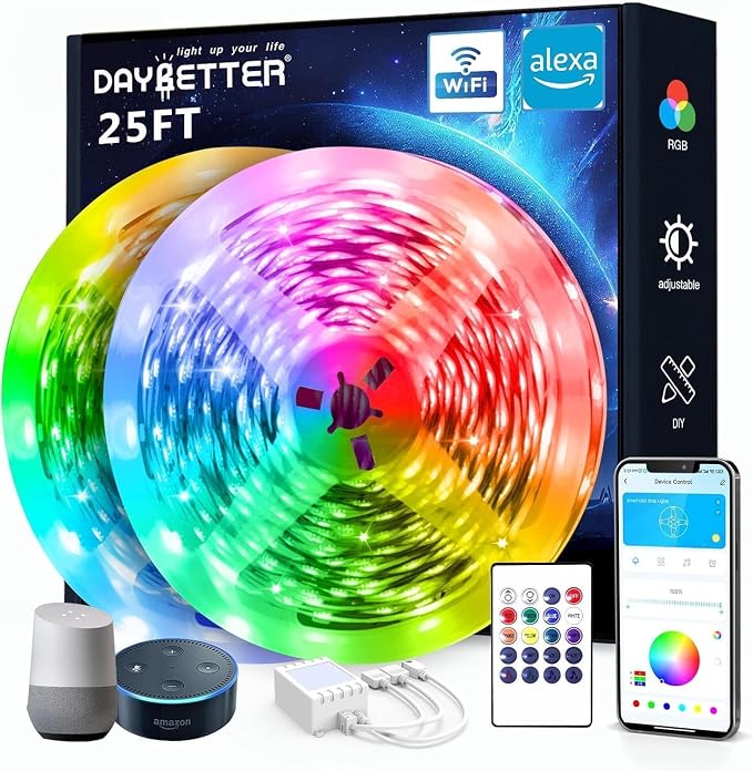 DAYBETTER Smart WiFi Led Lights, 25 FT RGB Led Strip Lights Compatible with Alexa and Google Assistant, App Voice Remote Control Music Sync Color ChangingLED Strip Lighting for Bedroom Room Decor