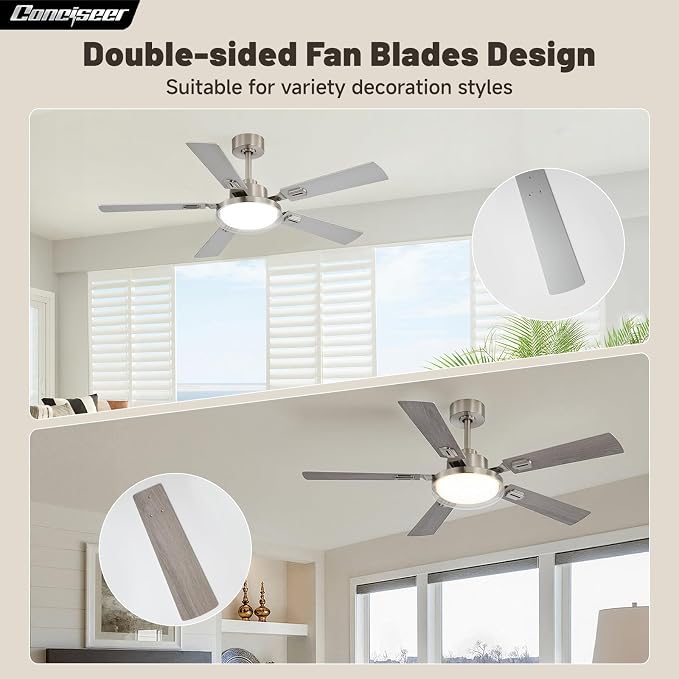 52 Inch Ceiling Fans with Lights and Remote, Bedroom Living Room Kitchen Office, 5CCT Dimmable,Dual Color 5 Blades, 6 Speed Reversible Quiet DC Motor, Double-Layer Lampshade, Sand-nickel/Wood Grain