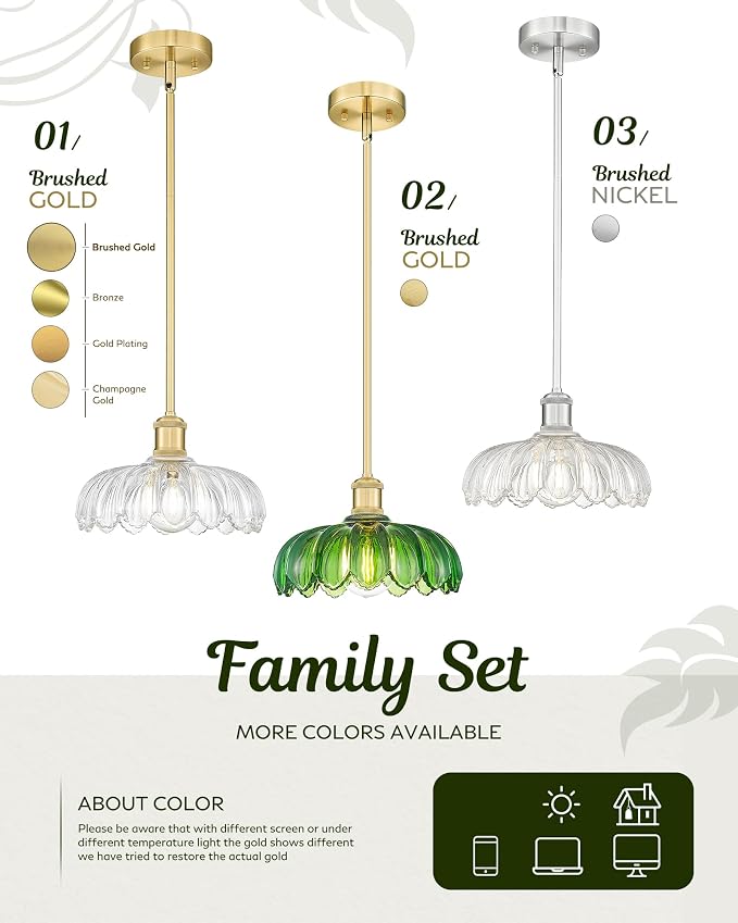 FEMILA 2-Pack Vintage Flower Green Glass Pendant Lights Kitchen Island | Floral 10.4" vintage-inspired glass pendant light fixtures for cafe corners and banquettes, adjustable hanging height