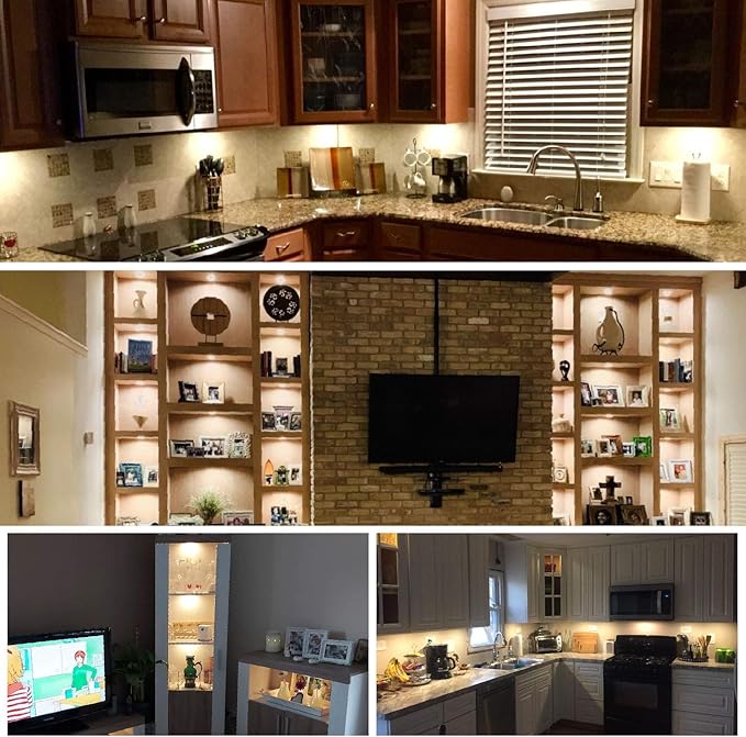 AIBOO 12V LED Under Cabinet Lights Kit 6 Pack Black Cord Aluminum Puck Lamps for Kitchen Counter Closet Lighting with Manual on/Off Switch 12W 6 Lights (2700K Warm White)