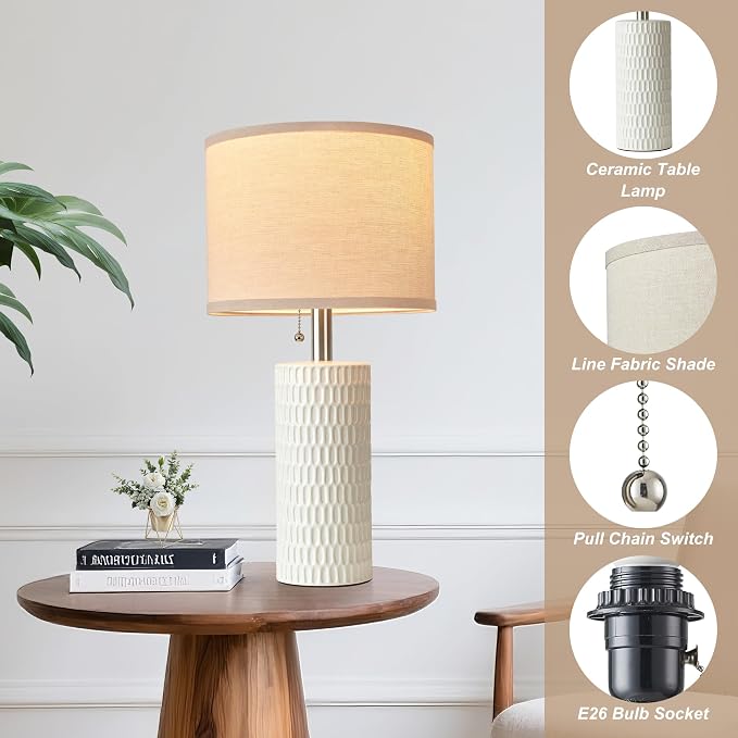 Reaketon 20.5" Modern Ceramic Table Lamps for Bedroom Set of 2, Bedside Lamps for Night Stands with Beige Lampshade, Farmhouse Table Lamp for Living Room Office Dorm, White