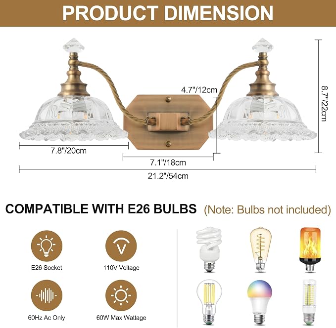 Vintage Bathroom Light Fixtures, 2 Light Brass Vanity Lights with Crystal Glass Flower Shade, Retro Wall Sconce for Bedroom, Living Room, Hallway