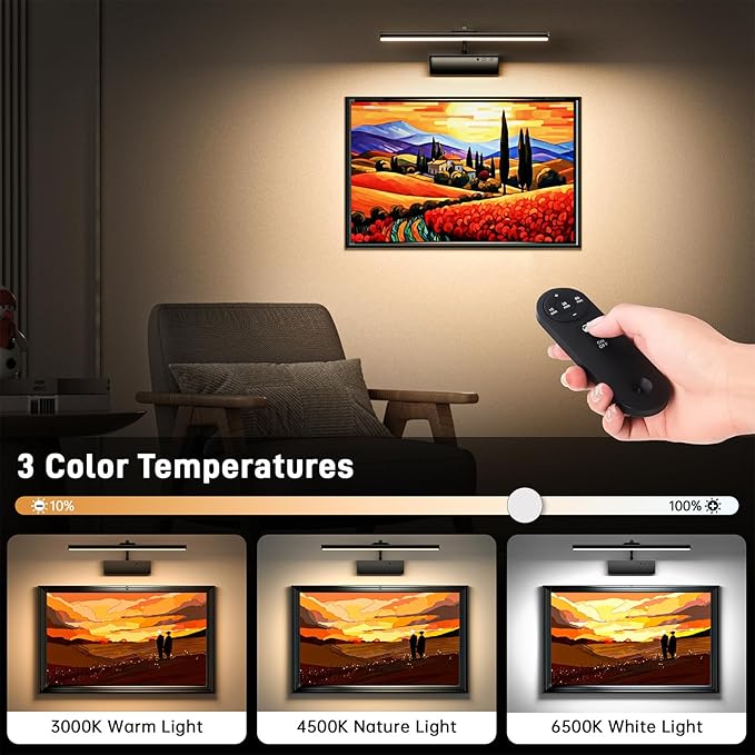 Picture Light, 15.35inch Picture Lights for Wall Rechargeable, Battery Lights for Pictures on Wall, 3 Color Art Lighting for Paintings with Timer and Dimmable Artwork Display (Black-2PCS)