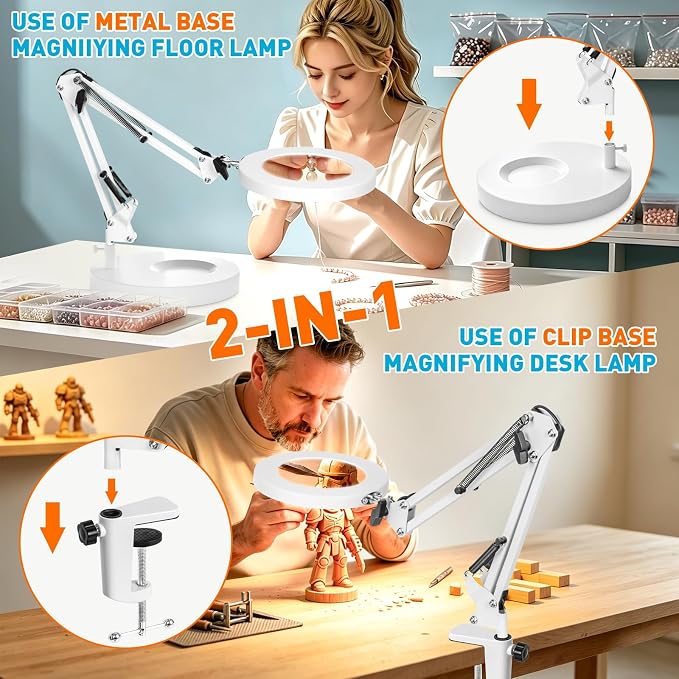 KIRKAS 10X Magnifying Glass with Light and Stand, 2 in 1 Stepless Dimmable | LED Desk Lamp with Clamp, 3 Color Modes Lighted Magnifier Swivel Arm Light for Reading, Craft, Close Works - White