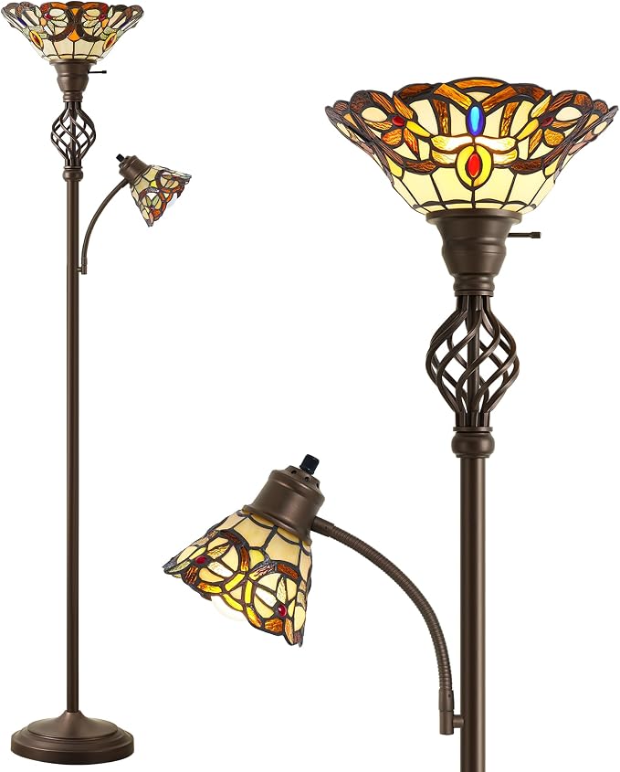 Tiffany Floor Lamp, Torchiere Floor Lamps with Stained Glass Shade, 70" Tall Standing Lamp with Adjustable Gooseneck Reading Lamp for Living Room Bedroom Office, Bulbs Included