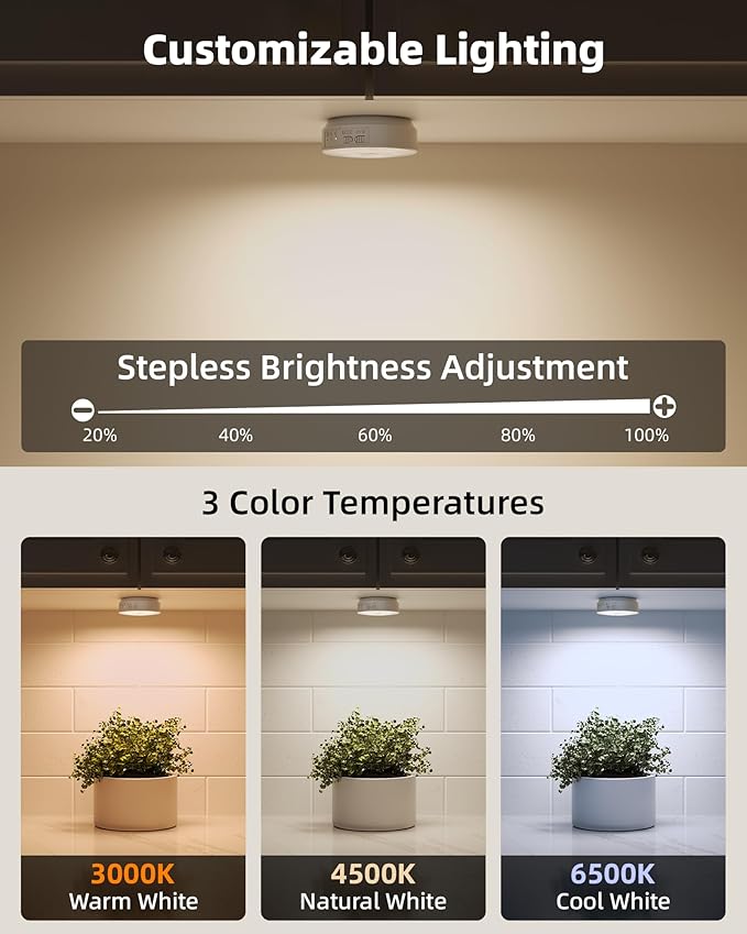 EZVALO 8 Pack Motion Sensor Closet Lights, 1200mAh Rechargeable Under Cabinet Lights, Night Lights, Puck Lights, Dimmable, 3 Color Temps, Magnetic, Stick on for Kitchen, Stairs, Closet