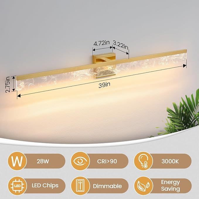 AIJIASI 39-Inch Brushed Gold Vanity Light Fixture, 28W Dimmable LED Modern Light Bar for Bathroom Mirror, Restroom, Bedroom (3000K)