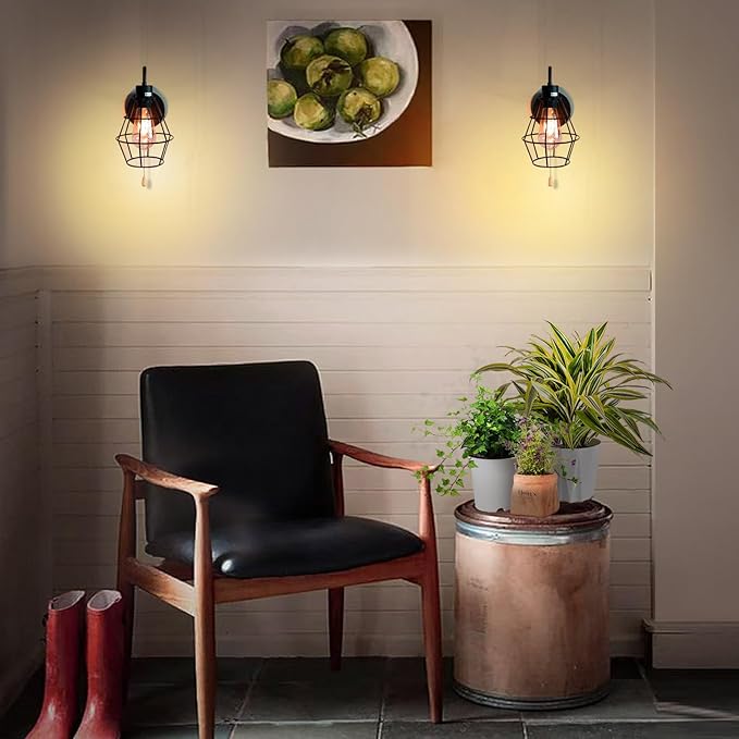 Pull Chain Wall Sconce Wire Cage Wall Light Fixtures with On Off Switch E26 Hardwired Black Metal Farmhouse Vintage Wall Lighting Indoor for Bedroom Living Room Kitchen (1-Light, No Bulb)