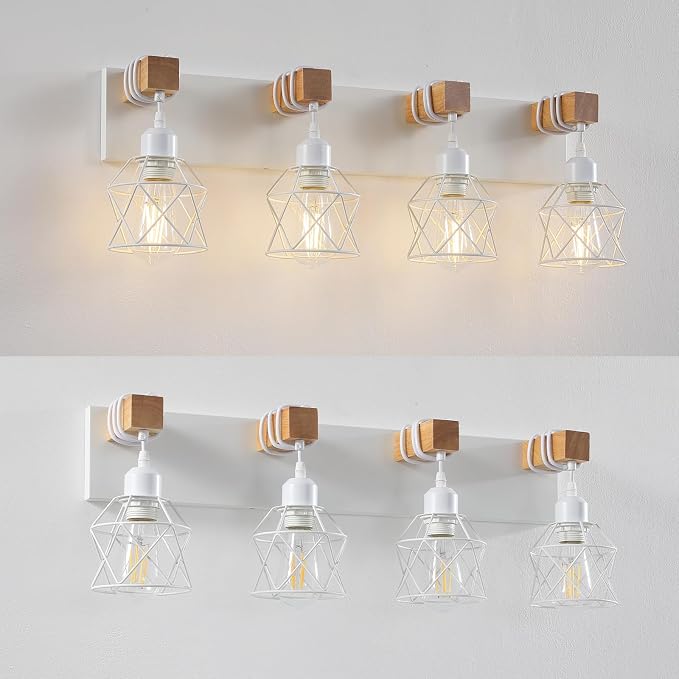 Farmhouse Vanity Light Fixture,4-Light Bathroom Lighting,White Modern Wood Wall Light Over Mirror with Metal Shade,LED Bulbs Not Included