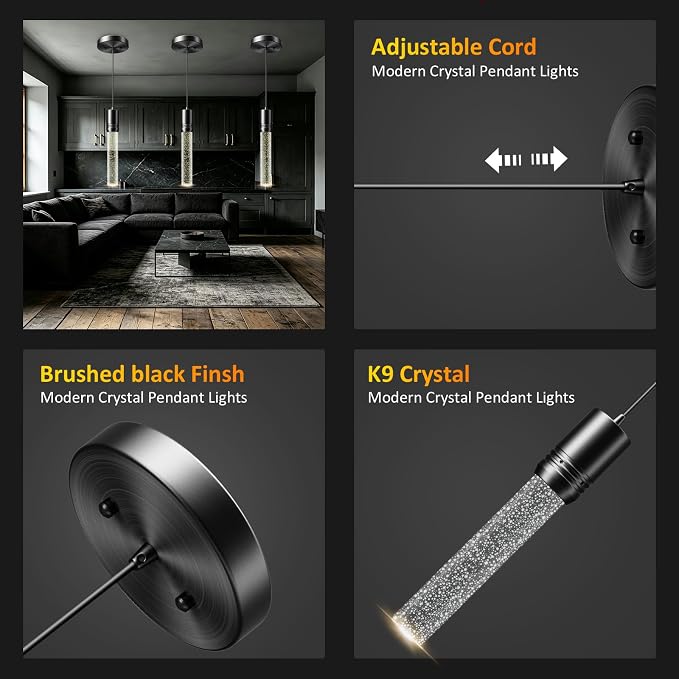 Black Pendant Lights Kitchen Island, Crystal Bubble Pendant Lights, Adjustable Modern Pendant Light Fixtures for Dining Living Room Bedroom 3 Pack