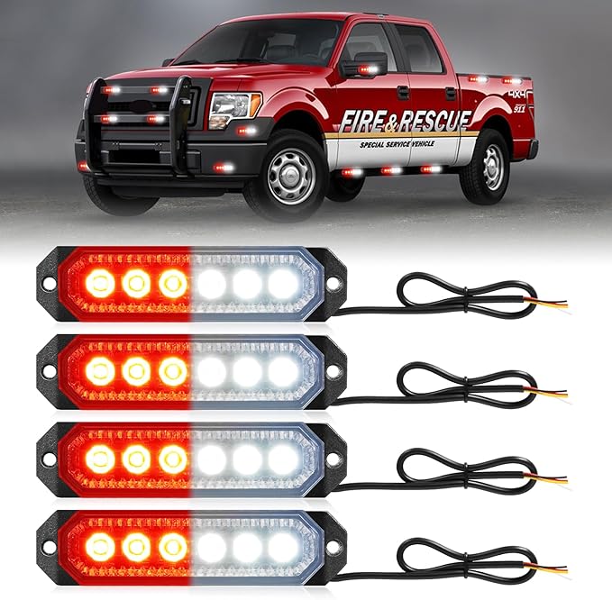 HLauto 406T Emergency Strobe Grille Lights: 4Pcs 6 LED Sync Feature Safety Warning Flashing Light, 12V-24V Ultra Slim Surface Mount Hazard Caution Light for Truck, Vehicle, Car, ATV, UTV (Red White)