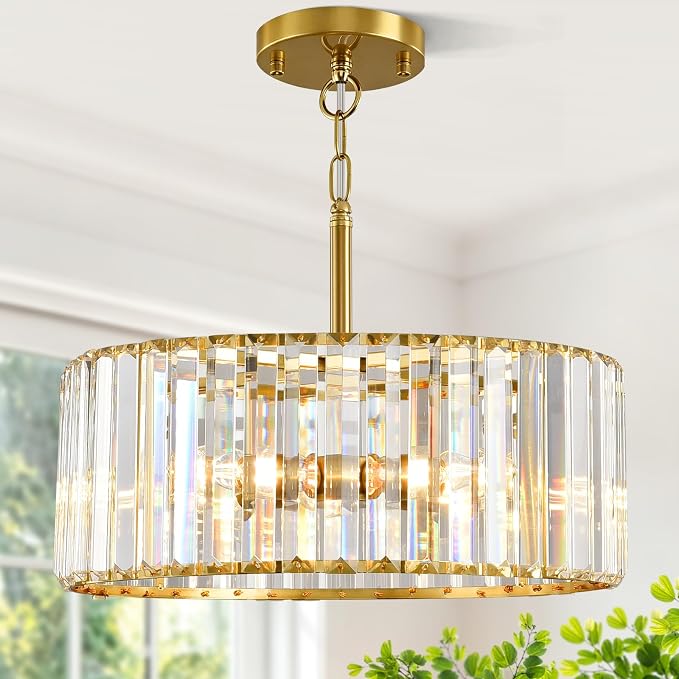 15" Gold Crystal Chandelier for Dining Room, 4-Light Modern Dining Room Light Fixtures Over Table, Hanging Pendant Lights Fixture for Kitchen Island Dining Room Living Room Bedroom Foyer Entryway
