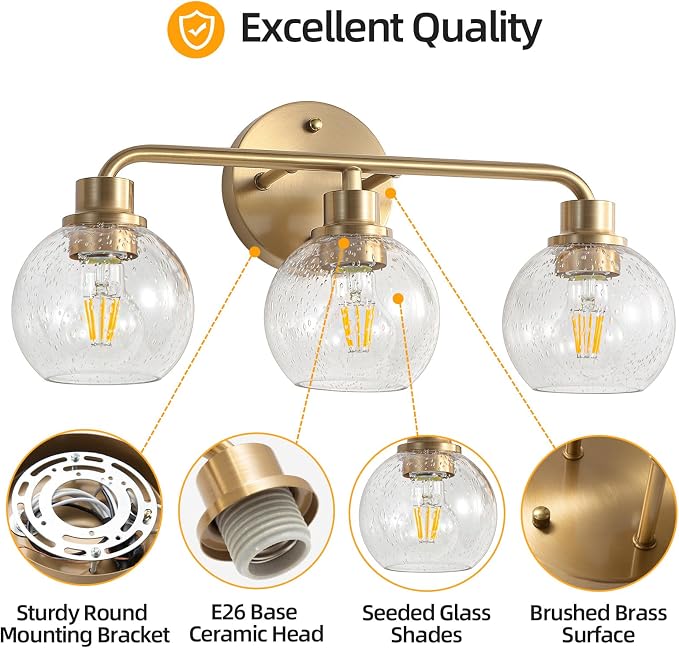 Bathroom Light Fixtures Gold Vanity Light 3 Light Brushed Brass | Wall Sconces Lighting with Seeded Globe Glass Shades Bath Wall Lamp for Mirror Kitchen Living Room Bedroom Hallway