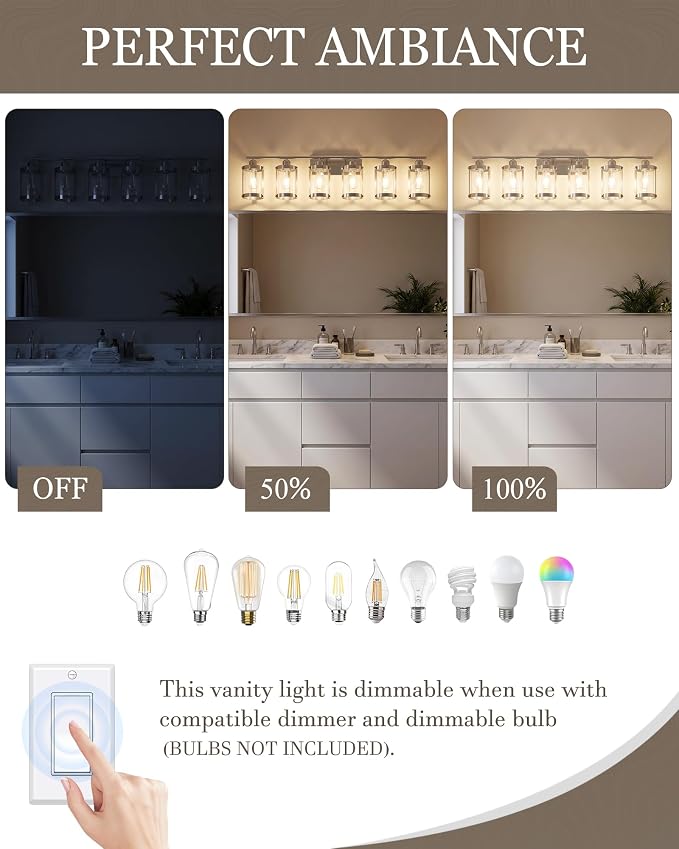 6-Light Brushed Nickel Bathroom Light Fixtures Over Mirror with Clear Glass and Metal Cage Shade, 42" UL-Listed Modern Farmhouse Wall Sconce for Bath, Hardwire E26, OS-3014BN-6W