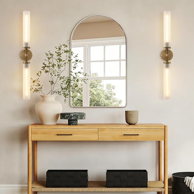 30" 2 Lights Hardwired Frosted Glass 2 PC Bathroom Wall Sconces, Handmade Knurled Brass Wall Light Fixture,Modern Vanity Light for Living Room,Hallway, Bedroom, Indoor Sconces