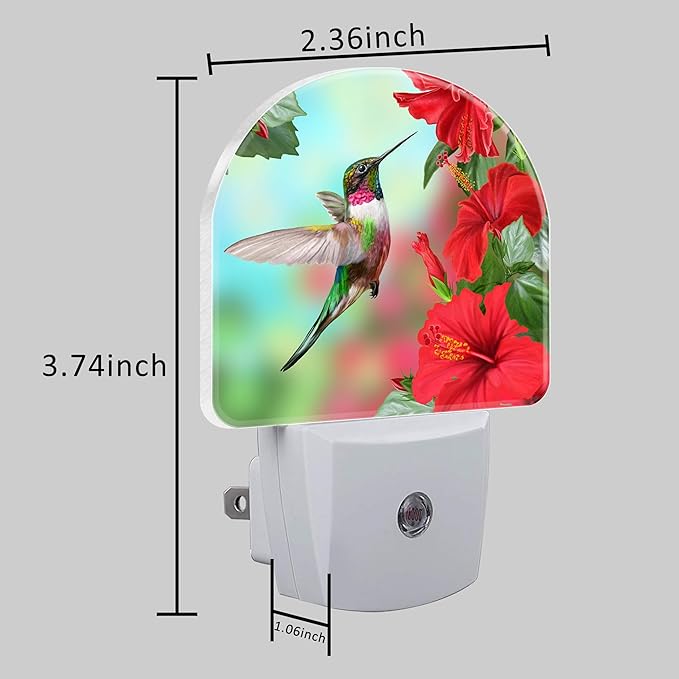 Hummingbird on Lossoming Red Flower Night Light Plug into Wall with Dusk to Dawn Sensor Cute Nightlight for Kid Girls Boys Women Men Room Decor, Hallway, Kitchen, Bathroom, Nursery, Stairs