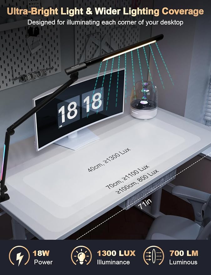 LED Desk Lamp with Clamp, Adjustable Swing Arm RGB Desk Light with Remote, Eye-Caring 4 Modes Stepless Dimming Lamp for Home Office Reading Study Gaming