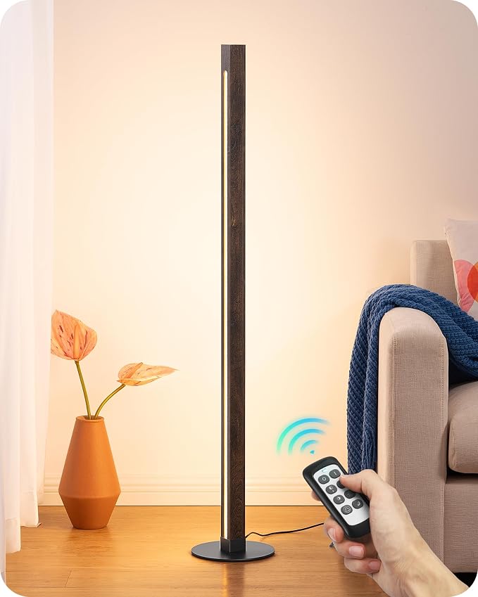 EDISHINE Wooden Corner Lamp with Remote, Dual Lighting, 7CCT & Dimmable | Foot Switch, Night Light Mode, Memory Function, Standing Lamp for Bedroom, Office, Natural Wood