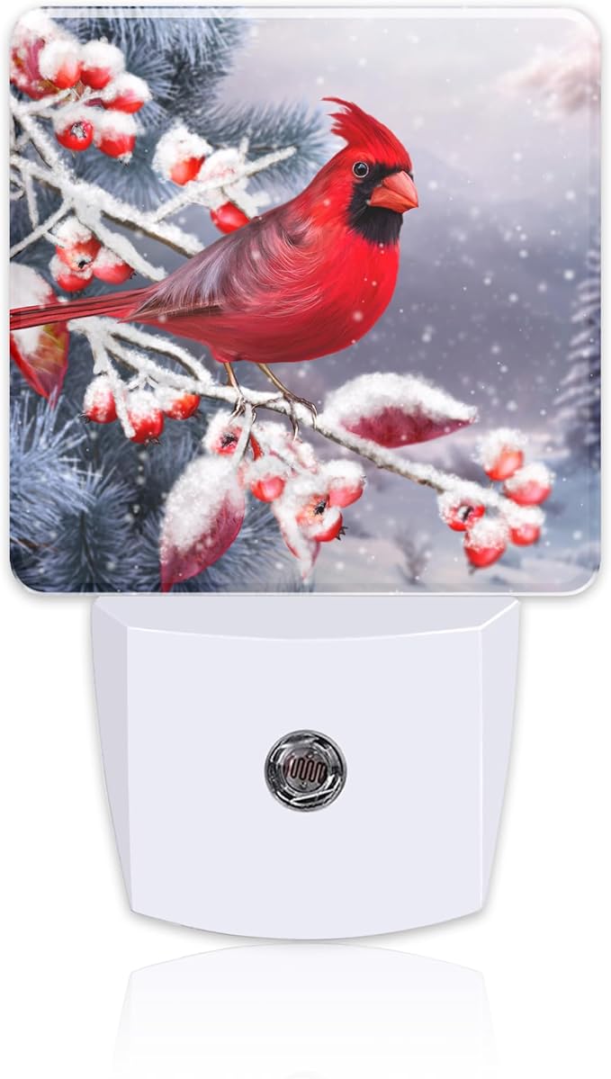 Winter Red Cardinal Bird Night Light for Kids,Christmas Pine Tree Snow Cardinal Night Light Plug in with Dusk to Dawn Sensor,0.5w Energy Saving Nightlight for Hallway Stairway Kitchen Bedroom