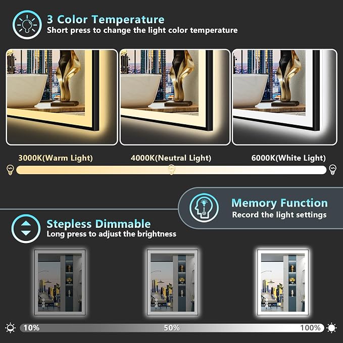 24x36 Black LED Bathroom Mirror, Backlit & Front Lit Lighted Mirror | Metal Framed Anti-Fog Vanity Mirror with Lights, 3 Color Dimmable, Memory, Tempered Glass, CRI95, IP54, Horizontal/Vertical