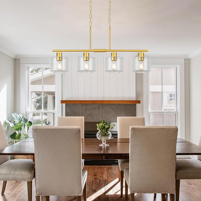 4-Light Brushed Gold Kitchen Island Lighting, Modern Linear Dining Room Chandelier Light Fixtures with Clear Glass and Chain, Mid Century Hanging Lights for Kitchen Island, OS-YQ8153-4ISBGC