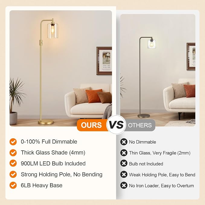 【Upgraded】 Dimmable Floor Lamp for Living Room with Seeded Glass Lampshade, Gold Modern Glass Floor Lamp with 900LM LED Bulb Included, Arc Standing Tall Lamp for Bedroom, Office, Reading Room, Corner
