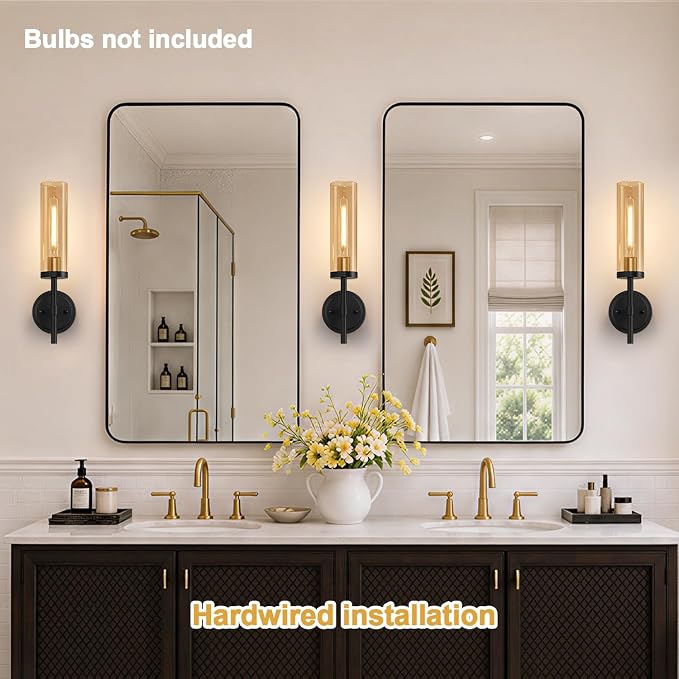 MOKATNG Hardwired Wall Sconces Set of Two, Black and Gold Bathroom Sconces with Amber Glass, Modern Wall Light Fixtures for Bathroom Mirror Vanity, Living Room, Hallway, Stairway, Cabinet, Foyer