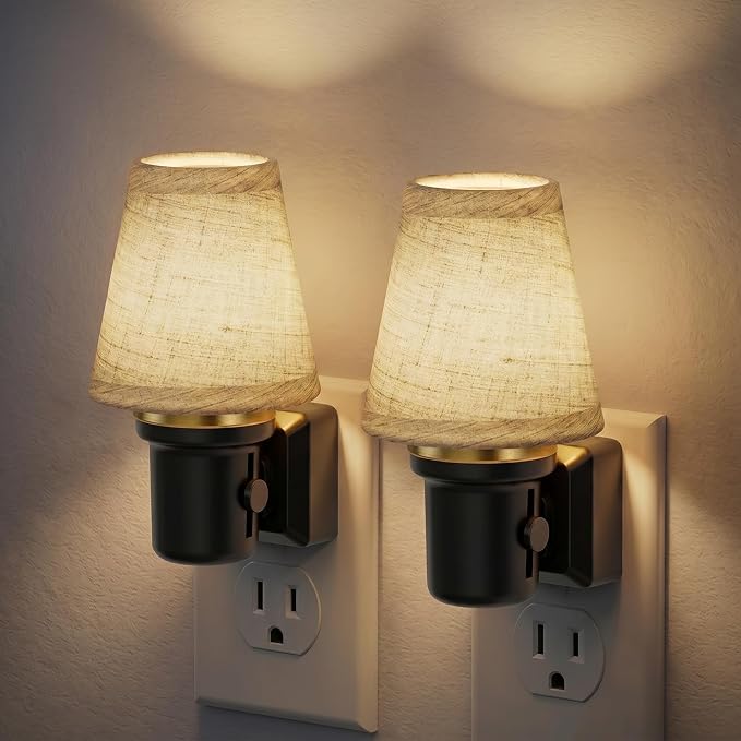 JandCase LED Night Lights Plug into Wall, Linen Fabric Round Vintage | Nightlight, Decorative Night Light with Dusk to Dawn Sensor, 0-100LM Dimmable, for Bedroom Living Room Hallway[2 Pack]
