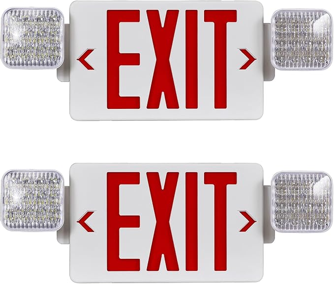 Red LED Exit Sign Emergency Light Combo, UL Listed Battery Backup | UL-listed commercial fire exit sign features 90-min battery backup, 360° rotating dual heads, and easy dual-mount setup.