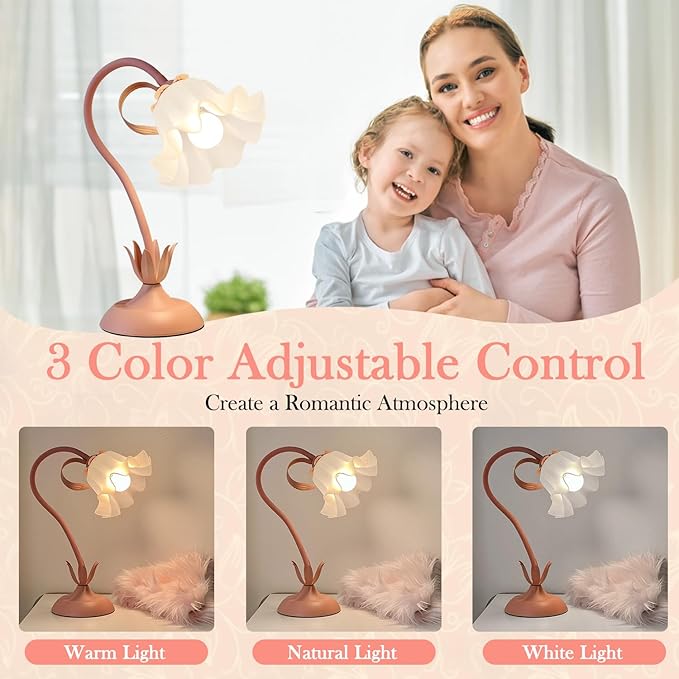 Flower Table Lamp, LED Reading Light Vintage Bedside Table Lamp with 3 Color Modes for Nightstand, Kawaii Decoration for Home Bedroom Living Room (Pink)