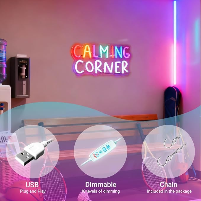 Calming Corner Neon Sign for Wall Decor, Calm Down Corner Supplies | Library Classroom School Counselor Office Decorations for Classroom Preschool, Boho Classroom Decor, 6.5ft USB, 14.5“x8.2"