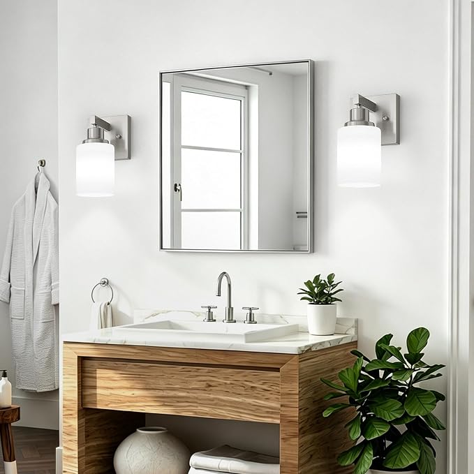 Bathroom Wall Sconces Set of 2,Brushed Nickel Wall Sconce,Vanity Light with White Glass Shade Wall Mounted Light Fixture,Farmhouse Wall Lamp for Bedroom Living Room Mirror Hallway