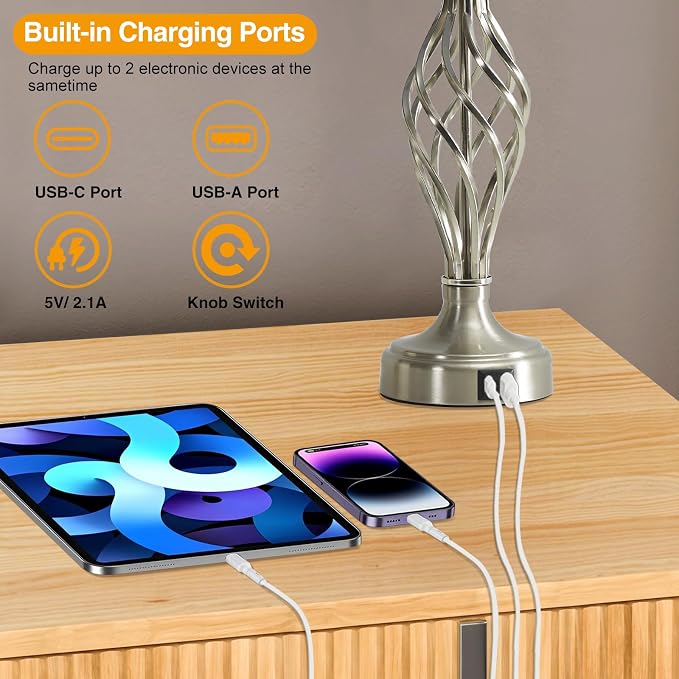 Table Lamp for Bedroom Set of 2 with USB C+A Ports, Modern Bedside Lamps with Spiral Cage Base, Fabric Shade, Nightstand Lamp for Living Room Reading Bed Side End Table, 2 LED Bulbs Included (Silver)