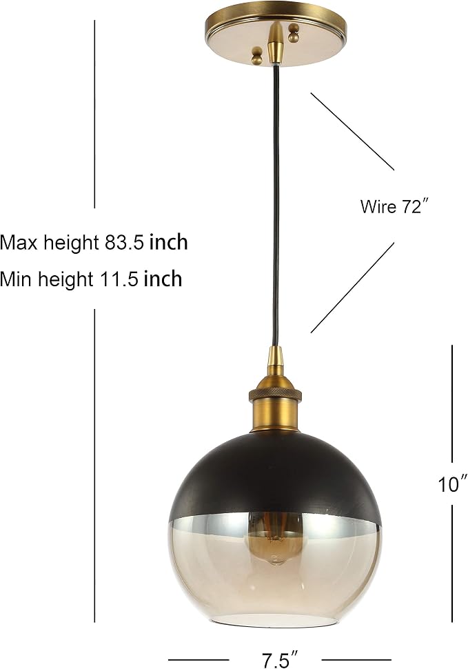 JONATHAN Y Nixon 1-Light 7.5" Globe Pendant, Brass Gold/Black | Mid-Century Modern, Adjustable, Champagne Smoked Glass Shade, LED Bulbs Included, Metal/Glass Kitchen Island Ceiling Fixture