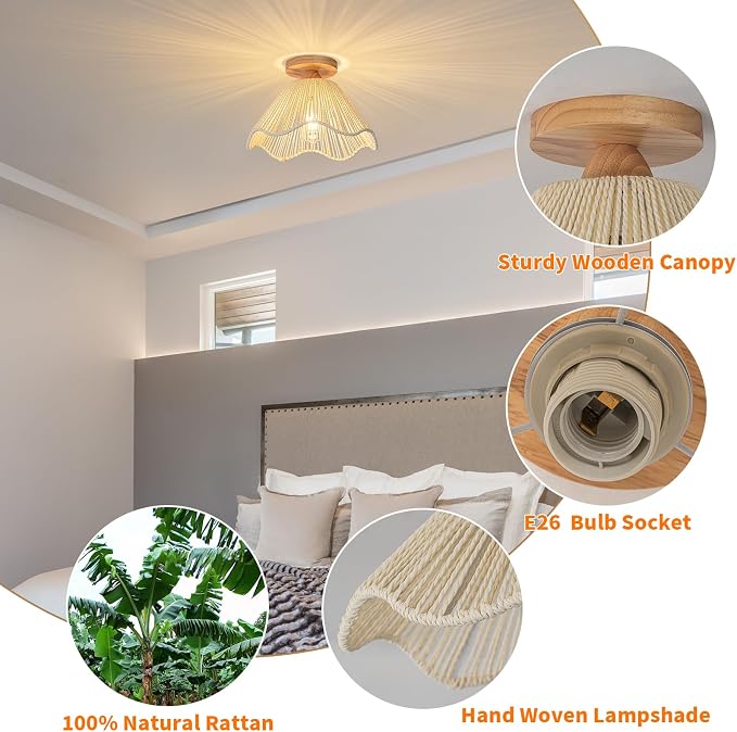 D12.5 Inch Boho Light Fixtures Flush Mount Mini Chandelier Woven Rattan Ceiling Light Fixture for Bedroom Hallway Bathroom Nursery Room