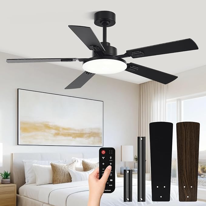 Conciseer 52 Inch Ceiling Fans with Lights and Remote for Bedroom Living Room Kitchen Office, Indoor/Outdoor Use, 6CCT Dimmable, 5 Blades, 6 Speed Reversible Quiet DC Motor, Black/Wood Grain