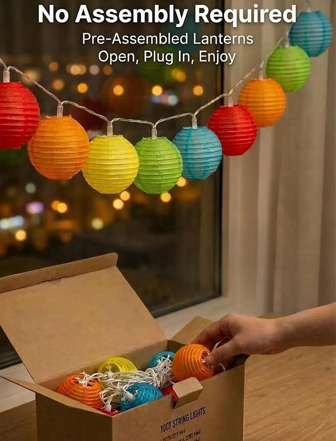 8.5Ft Multicolor Lantern String Lights, Summer Hanging String Lights with 10 Colorful Lanterns, Nylon Lights for Indoor Outdoor Party Decor, White Wire