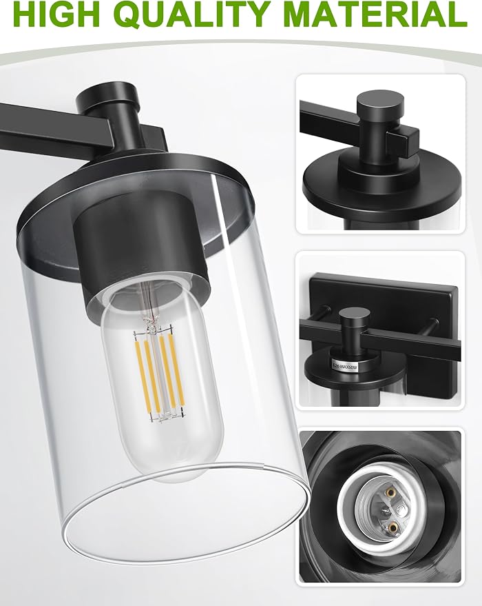 Bathroom Light Fixture, Bathroom Vanity Light Over Mirror, 5-Lights | Vanity Lights for Bathroom, Modern Lighting Fixtures with Clear Glass Shade, Black Vanity Lights, ETL Listed
