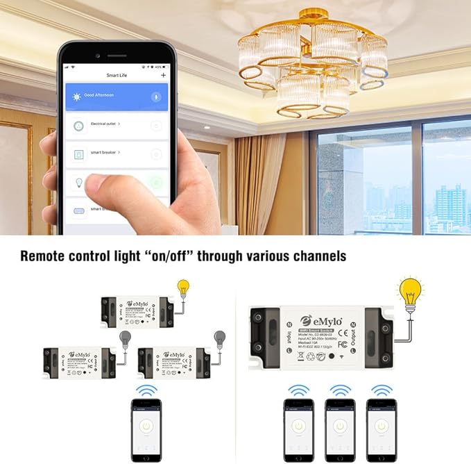 eMylo WiFi Switch, Tuya Smart Relay Wireless Remote Control Light Switch Voice Control Outlet Timer Compatible with Alexa and Google Assistant 90-250V One Channel White, 5 Pack