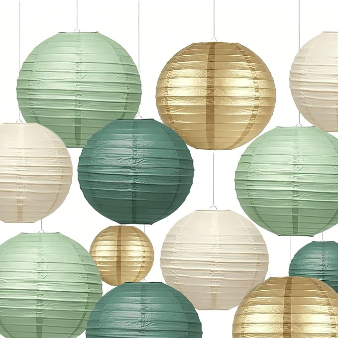 Boho Paper Lanterns Set of 12, 6/8/10 Inch Sage Green, Gold & Cream Hanging Decor for Wedding, Bridal Shower & Party