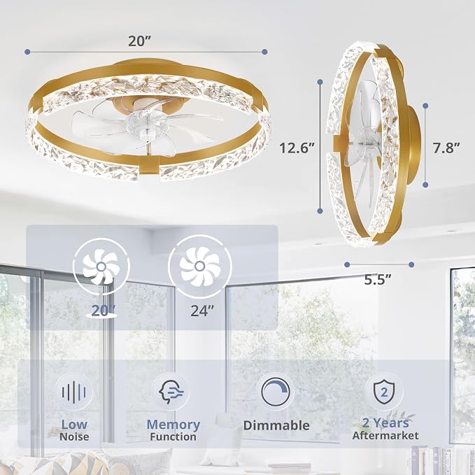 LEDIARY 2 Pack 20" Modern Ceiling Fans with Lights and Remote, Gold | Fandelier, Dimmable Low Profile, Flush Mount, Stepless Color Temperature Change, 6 Speeds, Bedroom, Living Room, Kitchen